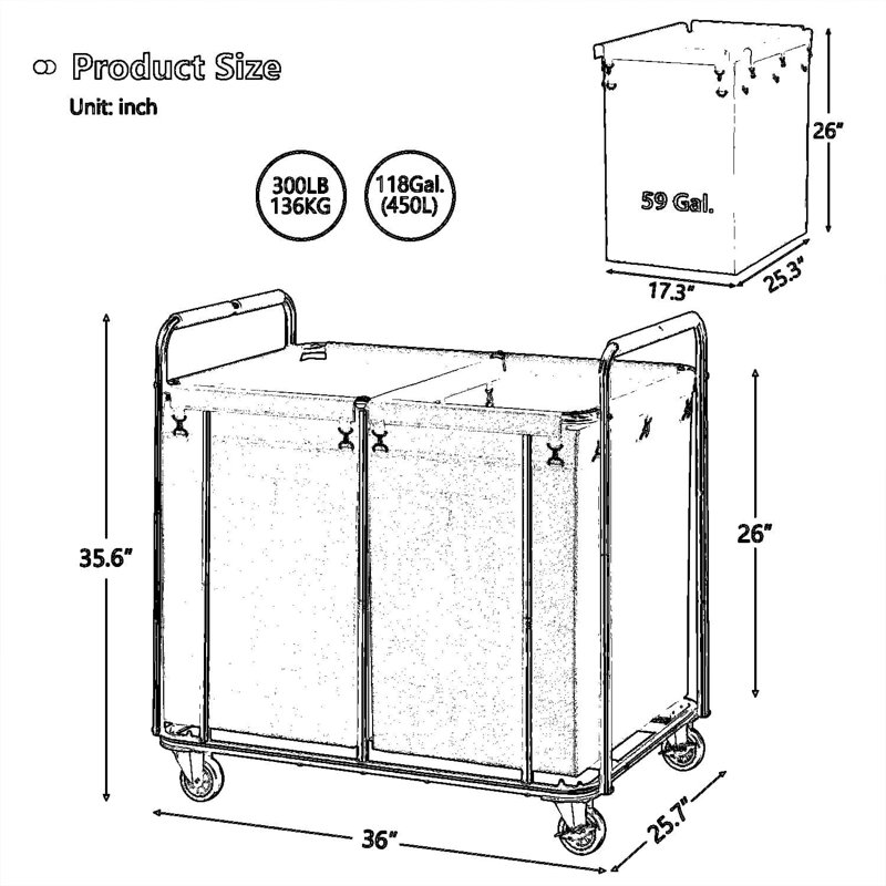 Heavy-Duty Rolling Laundry Hamper With Wheels, 2-Section Commercial Laundry Sorter Cart With Detachable Bags For Home, Hotel, And Laundry Business