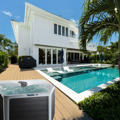 Spa Tahiti nouveau pour 2025, méridienne pour 4 personnes, jet 22 SS, 110 V / 230 V, véritable chauffe-eau en acier inoxydable, belle jupe en bois synthétique améliorée, ozone, cascade et éclairage DEL
