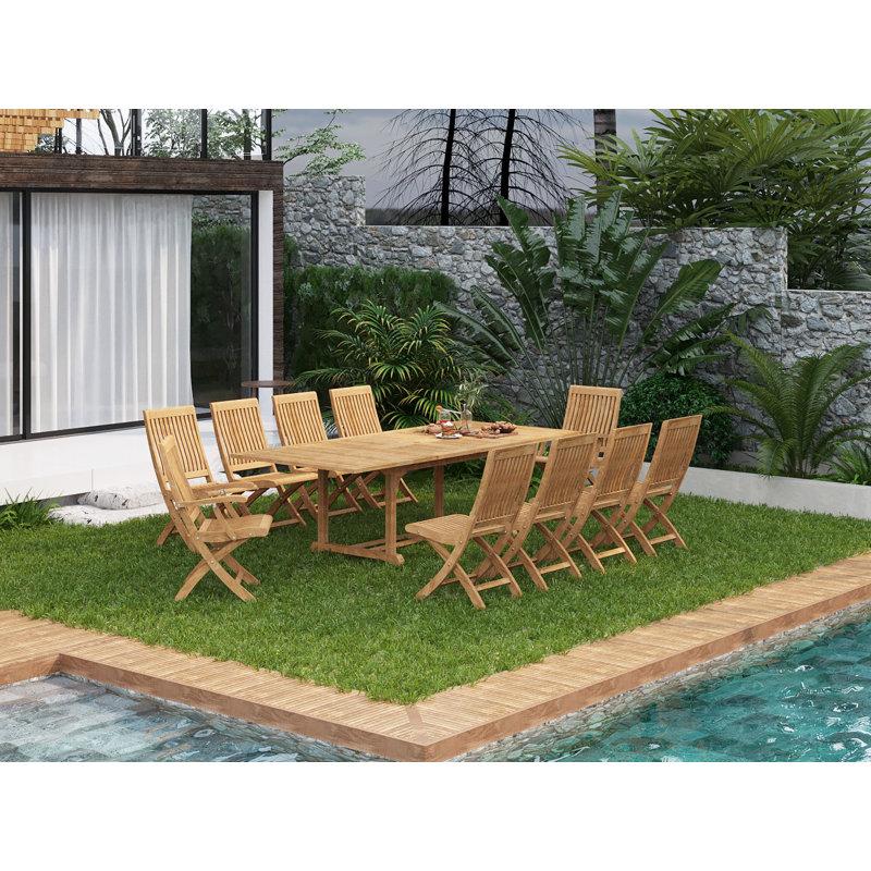 Devon 9-Piece Teak Dining Extension Table With Folding Chairs