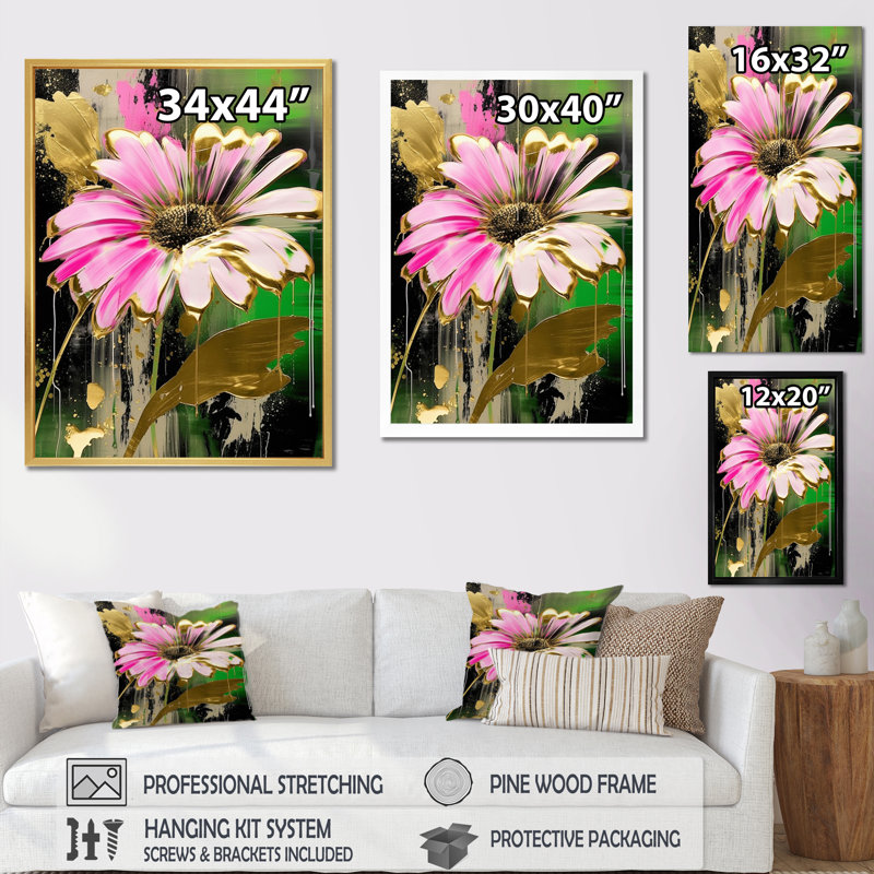 «Gold Fushia Pink Daisies Flower Fusion» sur impression sur toile, Cadre flottant noir, H 32 po x l 24 po x P 1 po