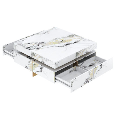 Modern Square Marble Textured Coffee Table With 4 Drawers And Suspended Base, White, 43.3"