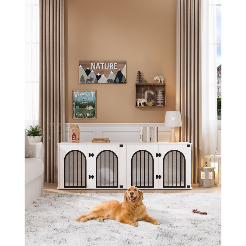 71" White and Brown Heavy Duty Dog Crate Furniture with Divider