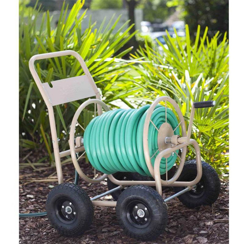 Beige Steel Frame 4-Wheel Garden Hose Reel Cart