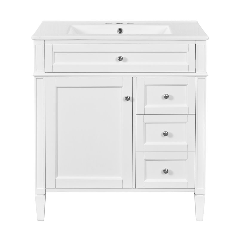 Meuble-lavabo moderne de 30 po avec comptoir en céramique, meuble de rangement en bois massif avec tiroir basculant et tablettes, blanc