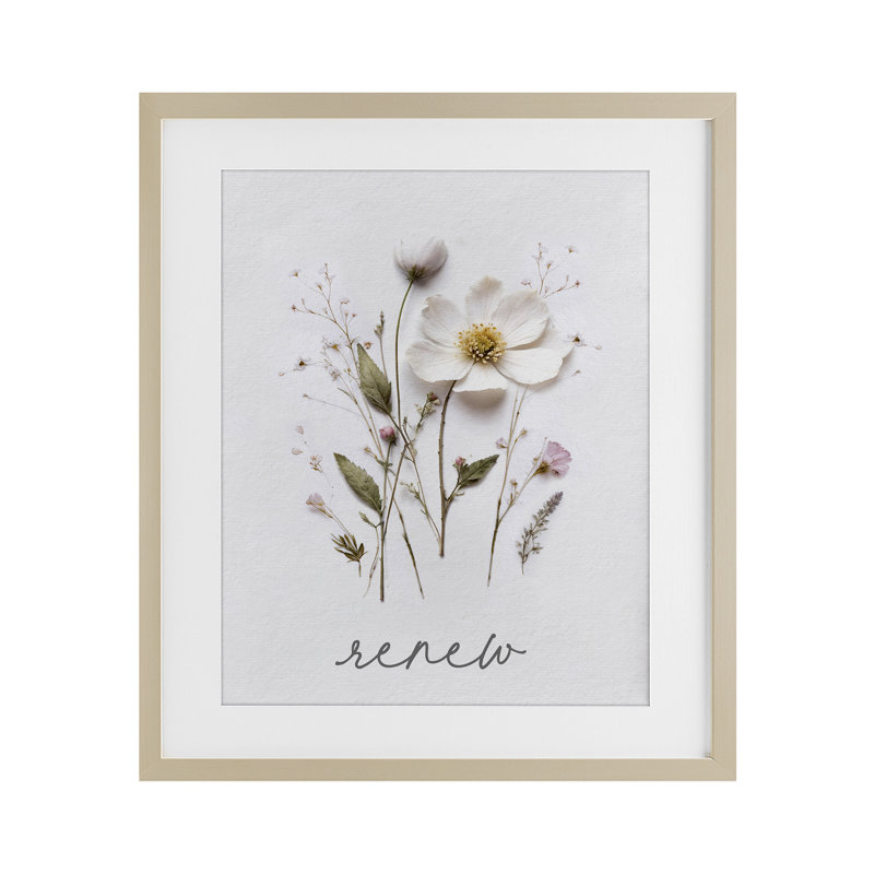 «Pressed Flowers Renew», reproduction sous verre encadrée, design par lettré et doublé, Cadre de récolte en pin