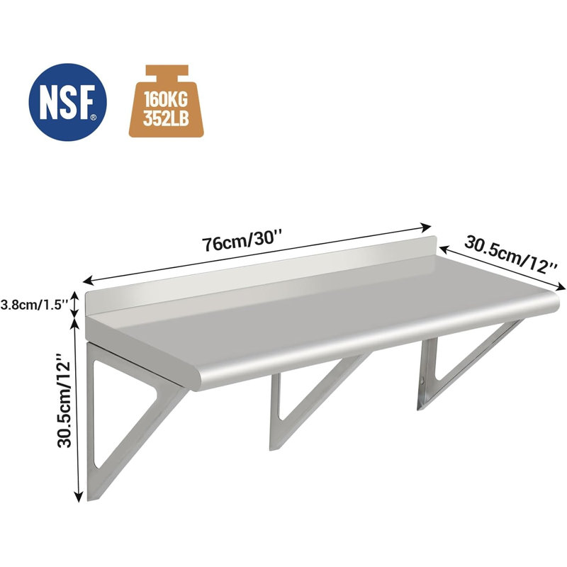 Tablettes commerciales, en acier inoxydable, étagères murales en métal pour restaurants, bars, buanderies, cuisines et garages avec dosseret et deux supports