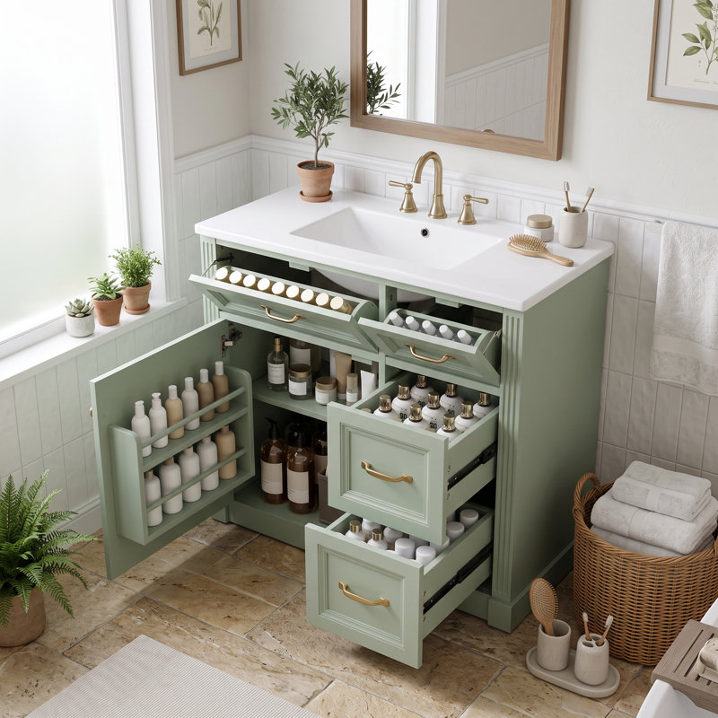 Meuble-lavabo autoportant à un lavabo de 91 cm (36 po) de couleur verte, avec comptoir en céramique et porte d'armoire à fermeture amortie