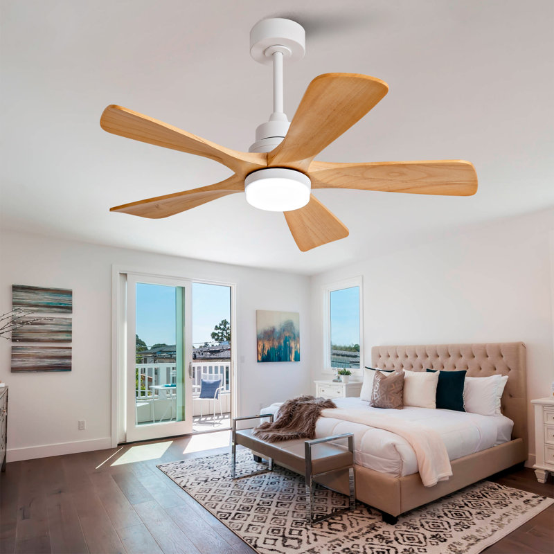 42" 5- Blade Ceiling Fan With Remote Control And Led Light, White, Oak Wood