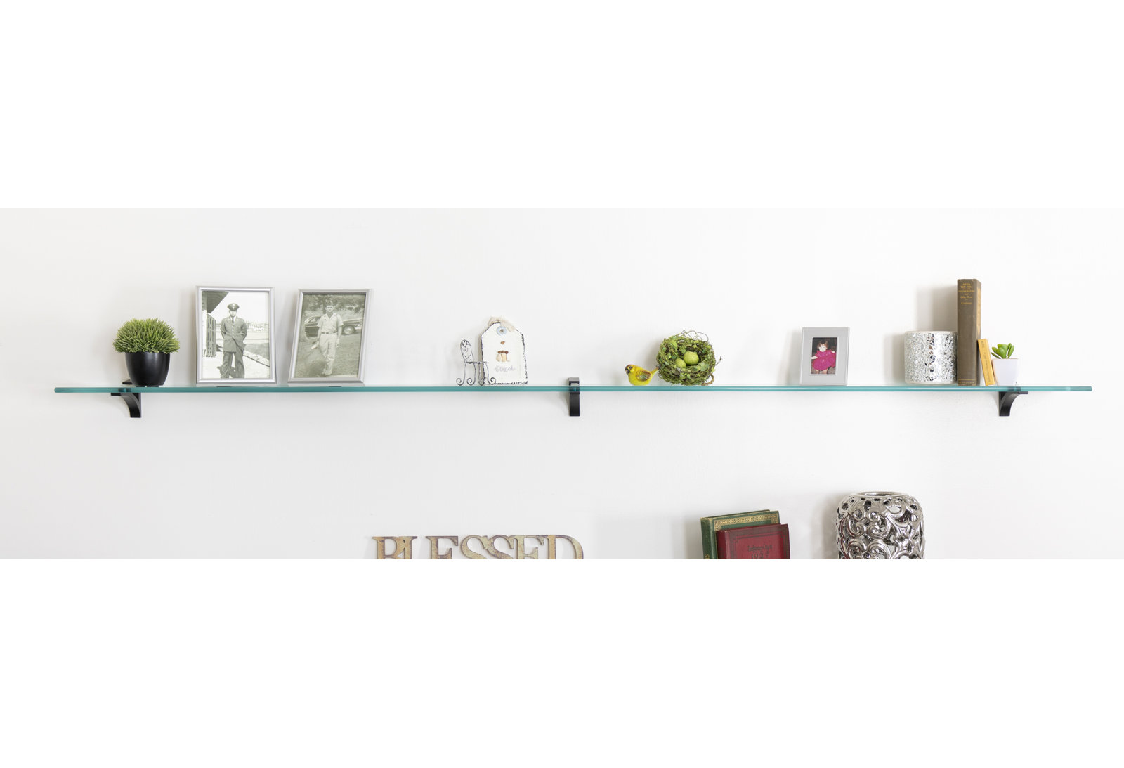 Earlham 72" Tempered Glass Bracket Shelf, Black