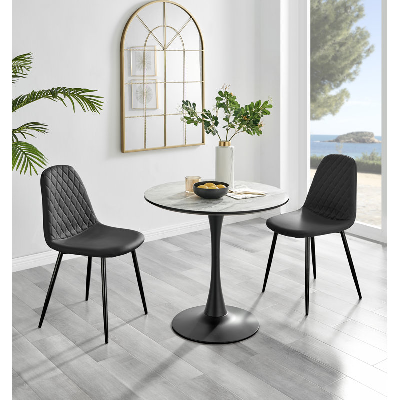 Ellis White Marble Effect Melamine Round Dining Table Set with 2 Luxury Faux Leather Dining Chairs, Grey, Black/Black
