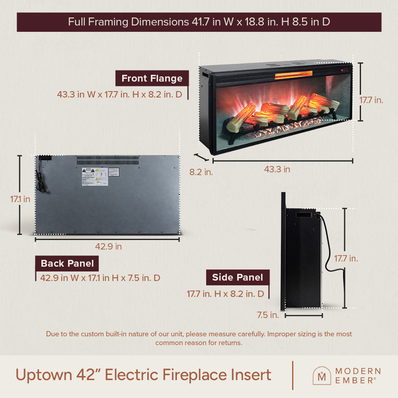 Uptown Infrared Electric Fireplace Insert Heater, Compatible with Alexa & Google Home, 17.7" H x 42" W x 8.2" D