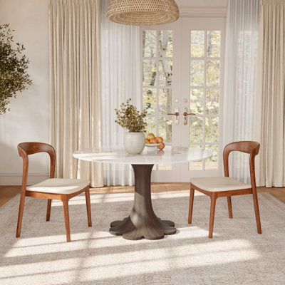 Floral-Shape Round Dining Table Set With 2/4/6 Premium Solid Wood Leather Dining Chairs