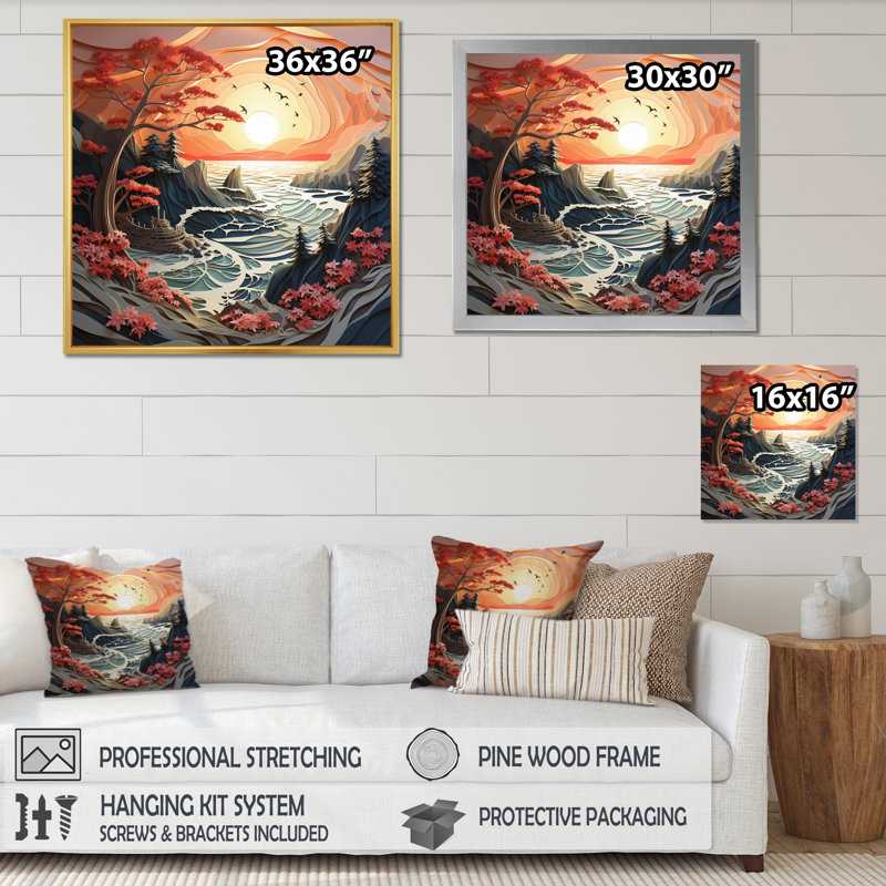 Coastal Tranquillity Papercut I - Nautical & Beach Canvas Prints, Cadre flottant noir, H 24 po x l 24 po x P 1 po