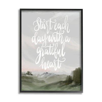 «Start Day With Grateful Heart», peinture de paysage surdimensionnée encadrée en blanc, art texturé par House Fenway