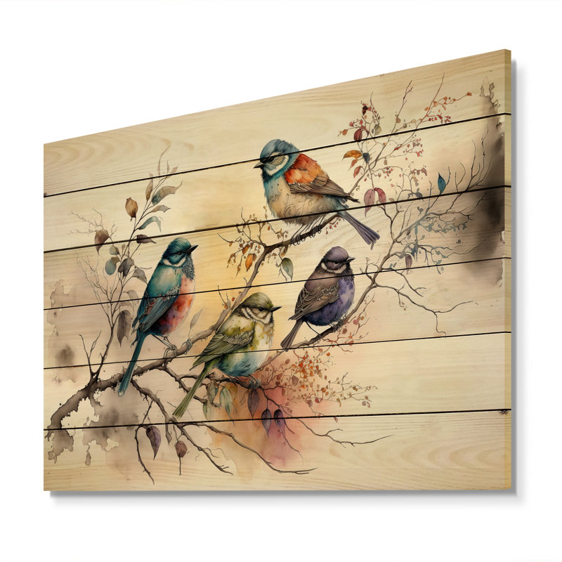 Multicolore oiseaux sur fleurs de prunier - Art mural en bois animaux - Bois de pin naturel, L 20 po x H 12 po x P 1 po