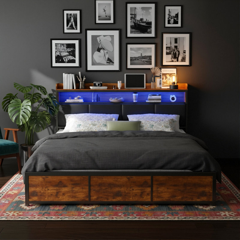 Industrial Upholstered Storage Bed With 4 Drawers, European Double & King Size Bed Frame With LED Headboard & USB Ports, Rustic Oak & Black