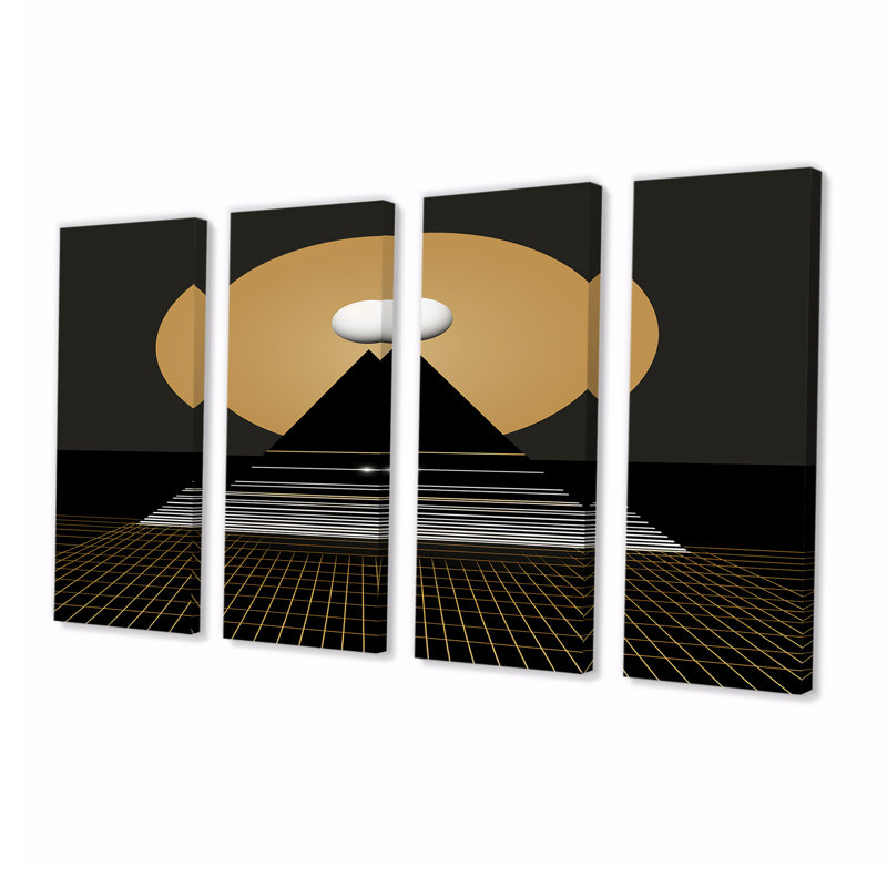 Minimal Gold Moon Mountain - Art mural géométrique 4 pièces, H 32 po x l 64 po