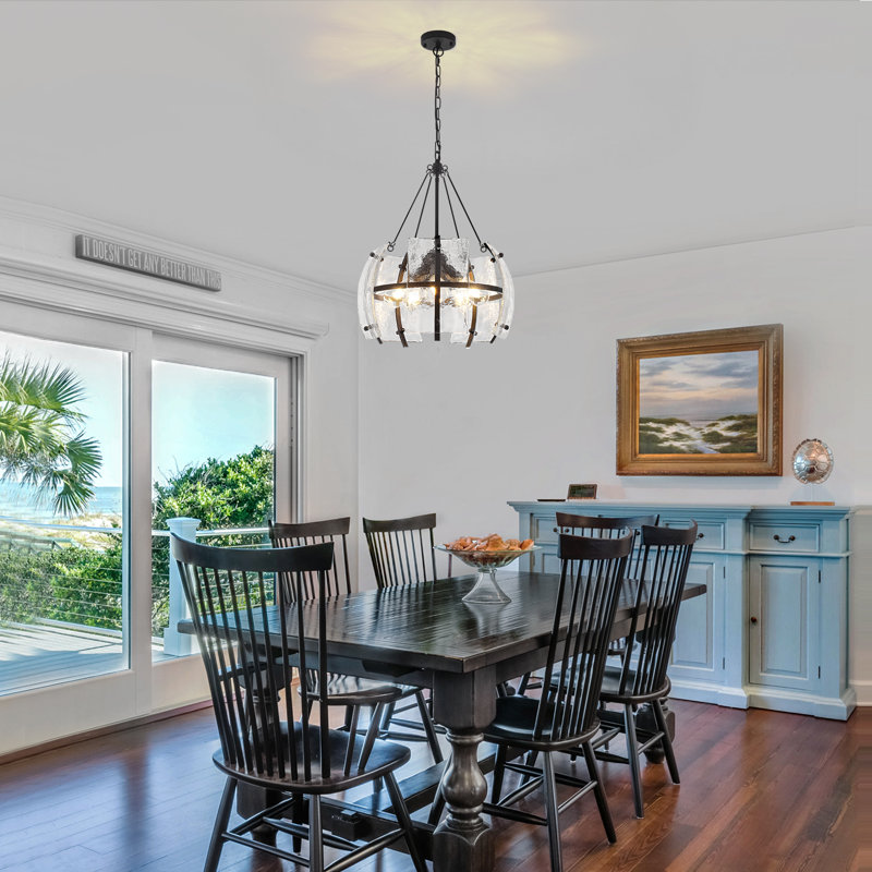 Lustre tambour 5 lumières à intensité variable, élégant luminaire suspendu avec verre texturé fabriqué à la main pour la salle à manger, le vestibule et la chambre à coucher
