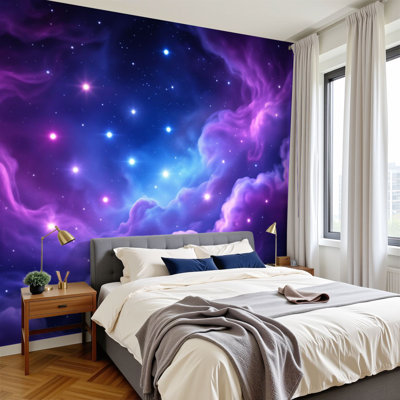 Peel and Stick Wallpaper Cosmic Nebula Purple Blue Swirls Stars Gas Galaxy Celestial Wall Murals 100"H x 144"W Removable PVC Wall Paper Self-Adhesive Wall Paintings Art Decor for Bedroom Living Room