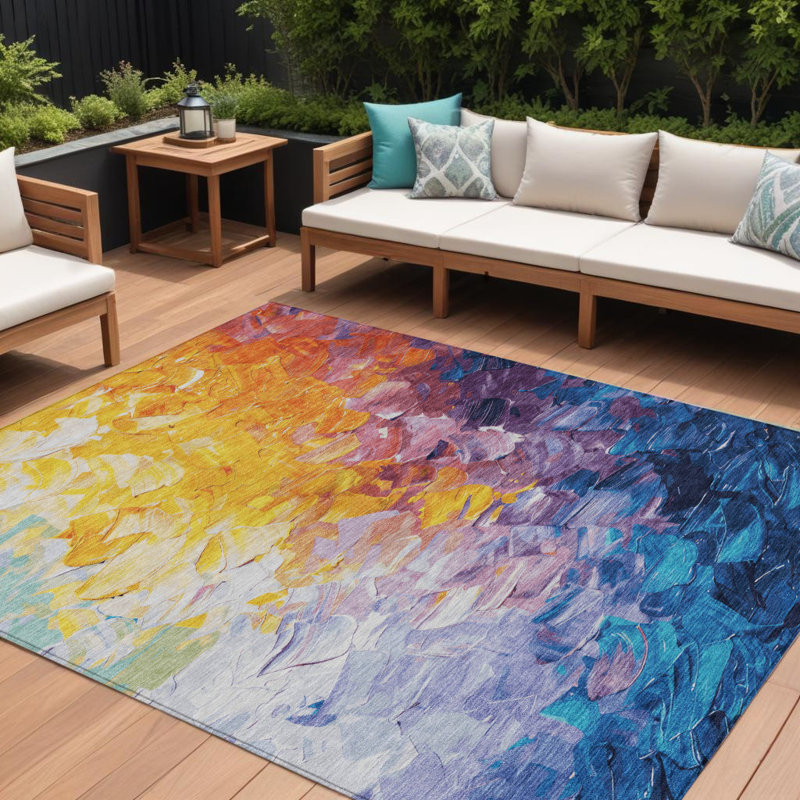 Tapis intérieur lavable abstrait bleu sarcelle et lavande 10 pi x 14 pi jaune or