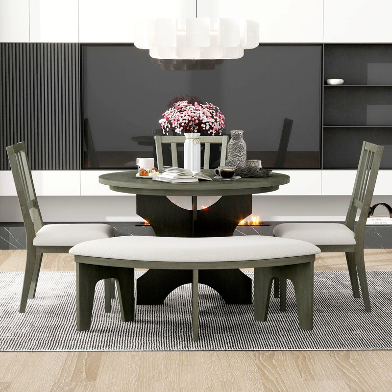 5-Piece Rustic Charm Round Dining Set With 3 Upholstered Chairs And Curved Bench, Grey/Beige