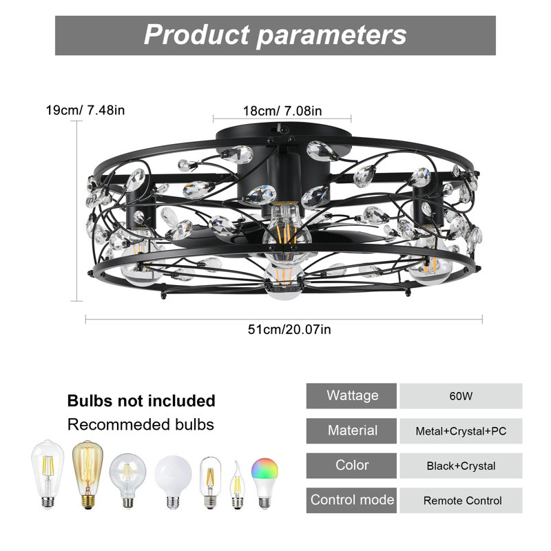 Korth 20.07" W Crystal Caged Metal Ceiling Fan