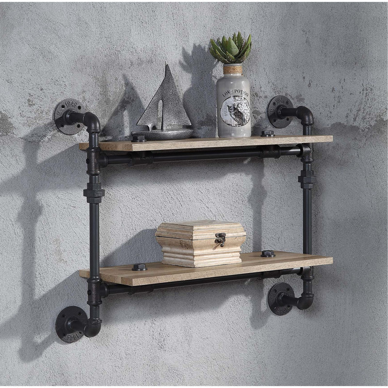 Wall Mounted 2 Tier Shelf, Oak And Metal, Sandy Black Color, Water Pipe Look, 23"L X 9"W 12" Space For Decor Storage Metal Tube, Design, Stylish Home Display