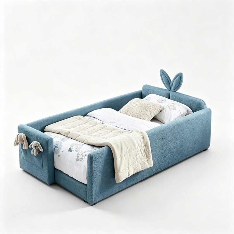 Twin Size Cute Rabbit Ear Boucle Platform Bed with Safety Rail & Side Pocket, Sky Blue