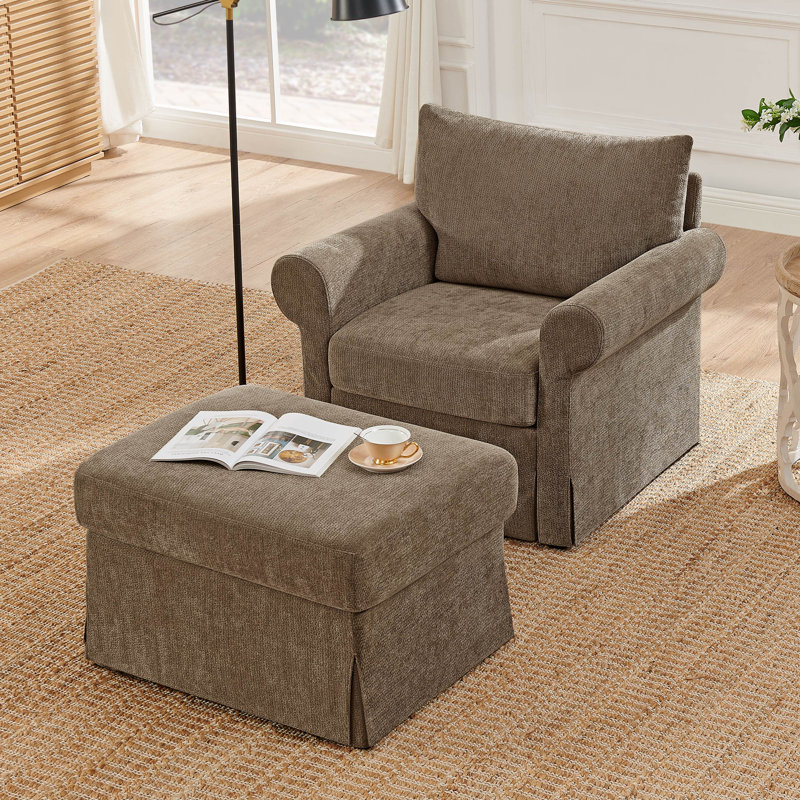 Chaise d'appoint rembourrée avec repose-pieds en chenille, Brun
