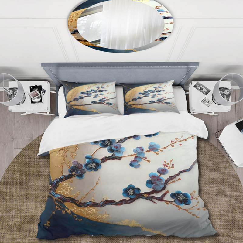 Blue Cherry Blossom Branch IV Microfiber / Polyester Duvet Cover SetMicrofiber / Polyester Duvet Cover Set