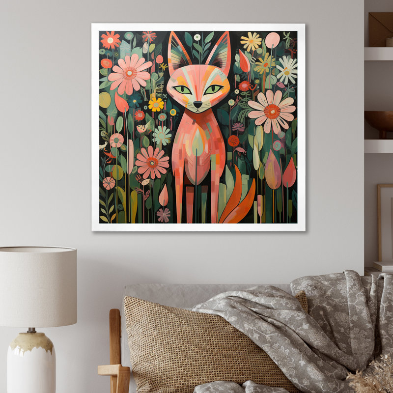 Renard rose et vert dans un style matisse - Renard, art mural animal, Cadre photo blanc, H 30 po x l 30 po x P 1,5 po