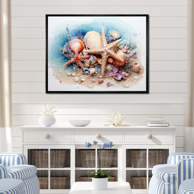 Trésors de la mer sur toile, H 16 po x l 32 po x P 1 po, Cadre flottant noir
