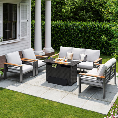 7-Seat Outdoor Aluminum Furniture Set, Sectional Sofa with Washable Thick Cushions, Fire Pit Table and Waterproof Cover, Patio Conversation Sets for Porch, Balcony, Deck