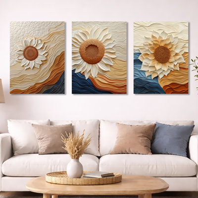 «River Harmony of a Sunflower Dream» - ensemble de 3 impressions murales en métal beige