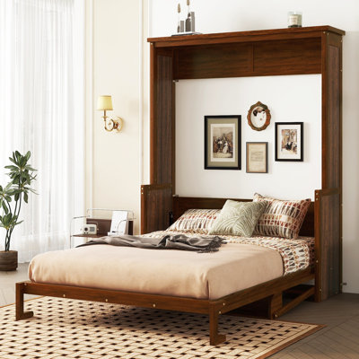 Queen Size Wood Murphy Bed with Gas Struts, Space-Saving Hidden Wall Bed Cabinet for Guest Room & Small Spaces, Walnut