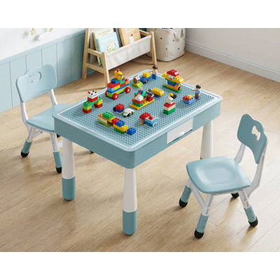 Kids Table And 2 Chairs Set, 4 In 1 Toddler Table And Chair Set For Kids Ages 3-10, Double-sided Graffiti/building Blocks Activity Tabletop With 2 Drawers For Drawing/playing/reading(blue)