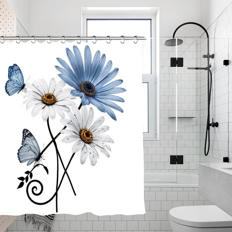 Blue & White Daisies Shower Curtains, 71 X 71