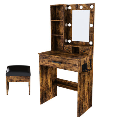 Meuble-lavabo rétro avec miroir, lumières à DEL réglables, prise de courant, support pour sèche-cheveux et tabouret assorti - compact pour les petites chambres, comprend 1 grand 2 tiroirs, une étagère de rangement ouverte pour les cosmétiques, trois