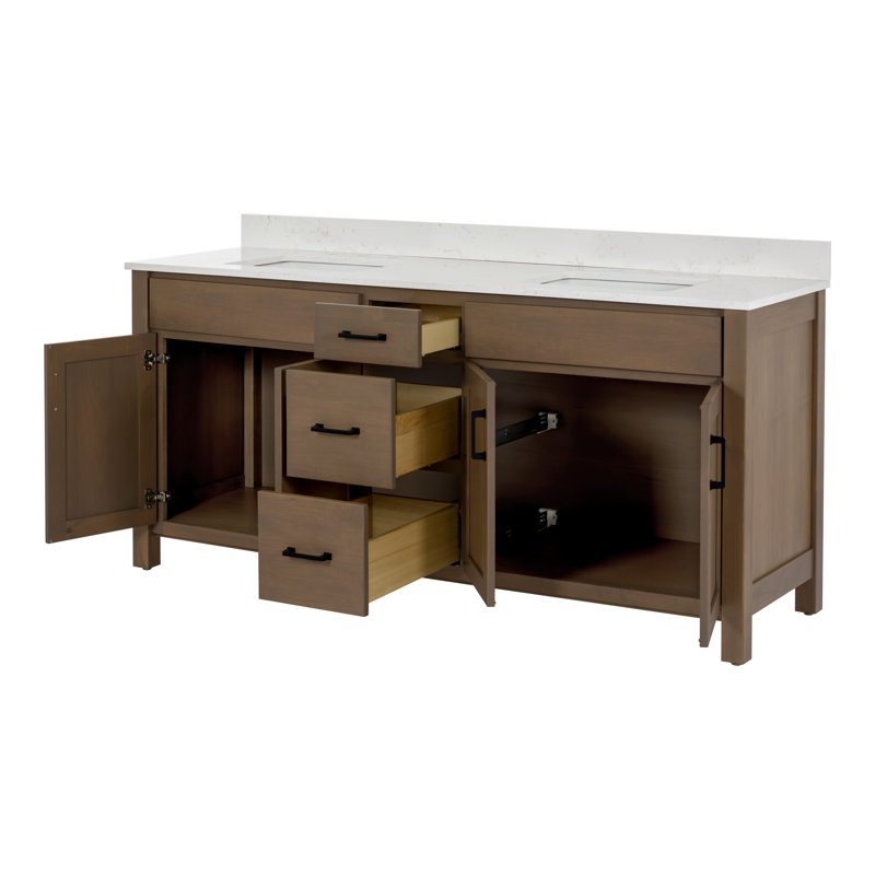 Ensemble de meuble-lavabo à double cuve 73 "avec plateau en quartz de Carrare doré Rydburgh, 73", Brun