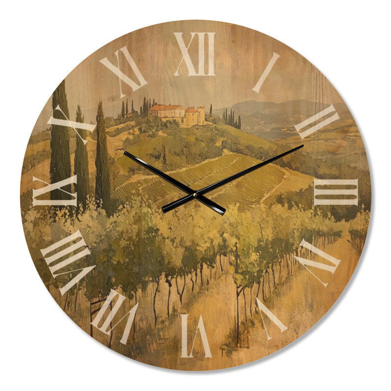 Horloge murale ronde toscane Cypress Hill Estate, imprimée sur bois, Grand