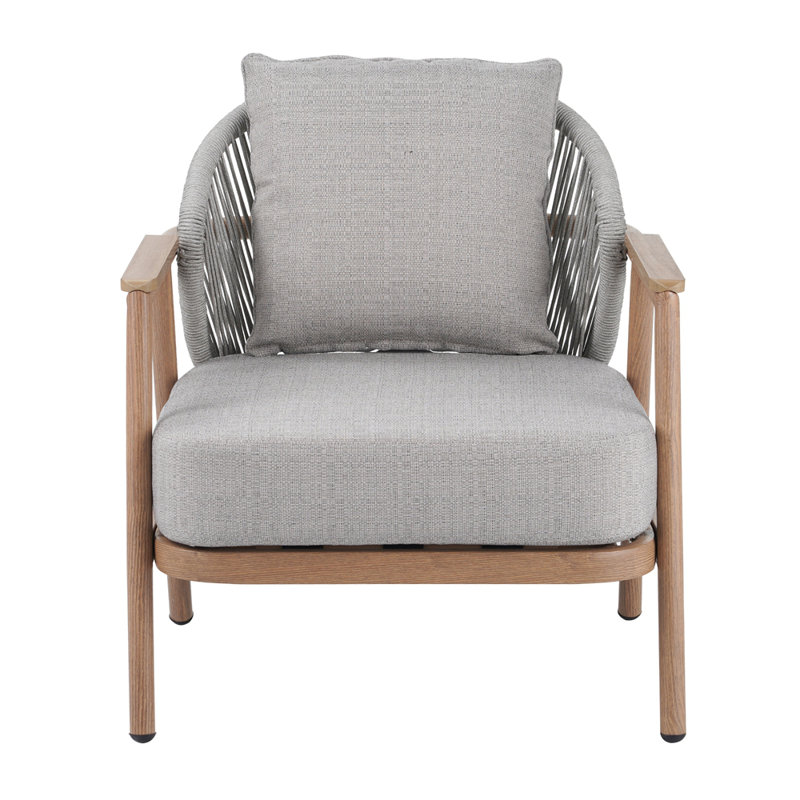 Fauteuil club en corde de teck Orla, Coussin taupe / structure en teck