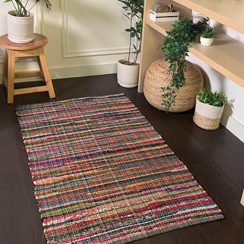 Runner Pablo Abstract Handmade Flatweave Cotton Red/Blue/Pink Area Rug, Rectangle 8' x 10'