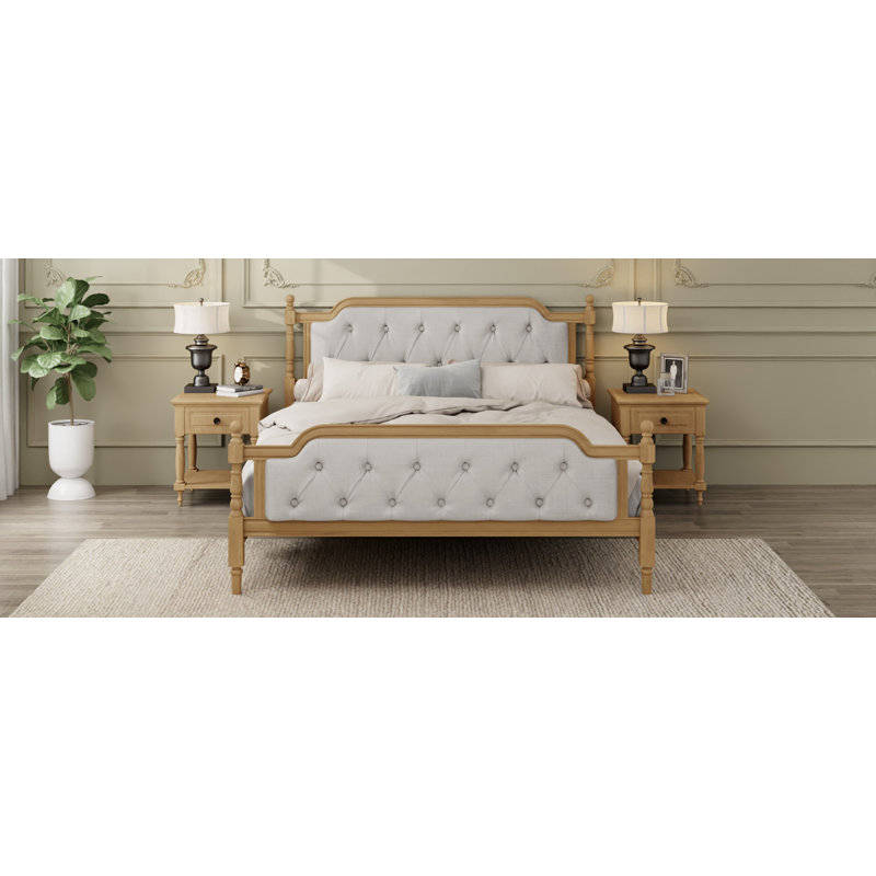 Traditional Style Solid Wood Bed Frame With Upholstered Tufted Headboard,No Box Spring Needed,Queen Size, Queen, Walnut