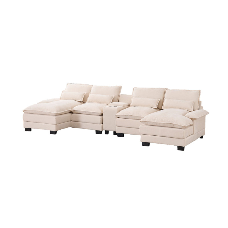 Canapé moderne en forme de U avec console, porte-gobelets et ports USB, mobilier d'intérieur symétrique rembourré à 6 places, ensemble de canapé-lit avec méridienne