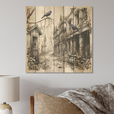 Victorian Haunted Raven Courtyard I - Animal corbeau sur bois