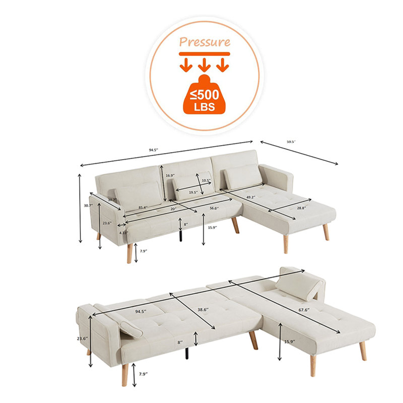 Canapé-lit modulaire avec méridienne, dossier réglable, canapé-lit surdimensionné, doux et ferme, repose-pieds en bois