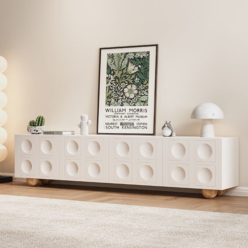 Meuble télé beige en bois manufacturé, H 22,05 po x L 86,61 po x l 15,75 po