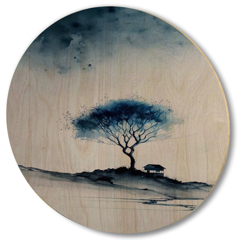 «Blue Watercolor Tree In The Countryside I - Landscape Forest», reproduction de bois bleue, H 29 po x l 29 po x P 1 po