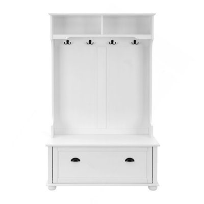 Classic Cosatal Style Hall Tree Entryway Bench With Open Shelves And Shoe Cabinets, WOOD Feet, White