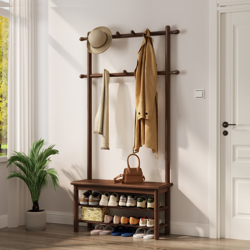 Solid Wood Hall Tree with Bench and Shoe Storage, Entryway Organizer with 11 Hooks and Two-Tier Shoe Rack for Mudroom or Hallway